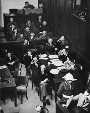 The French prosecution table at the International Military Tribunal trial of war criminals at Nuremberg. [LCID: 10402]