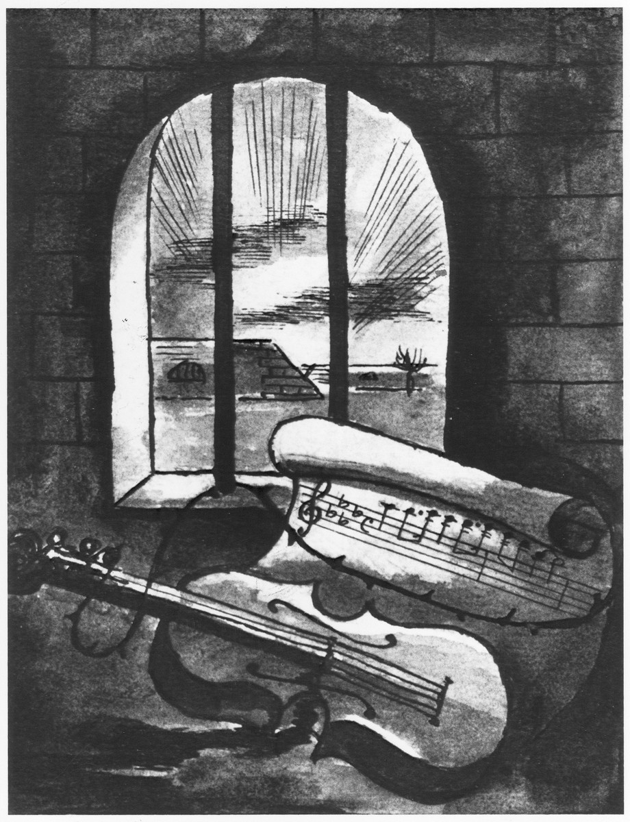 A stylized black and white illustration of a violin and sheet music wrapped in barbed wire behind prison bars looking out. A few buildings and a bright sky can be seen out the prison window.