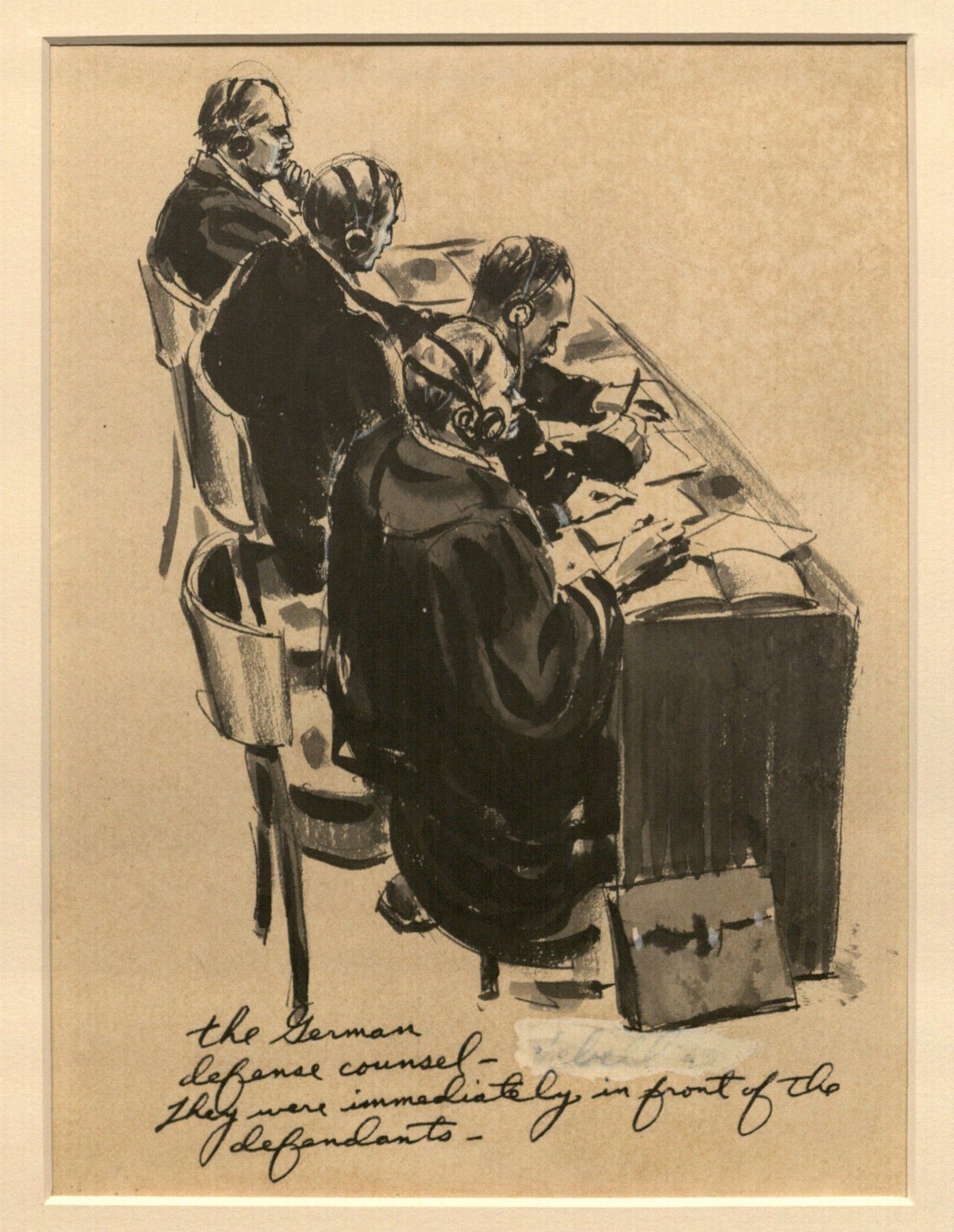 Grayscale sketch of 4 men sitting behind a long desk, facing right. Each man is wearing a headset and court robes. The second from the front is taking notes.