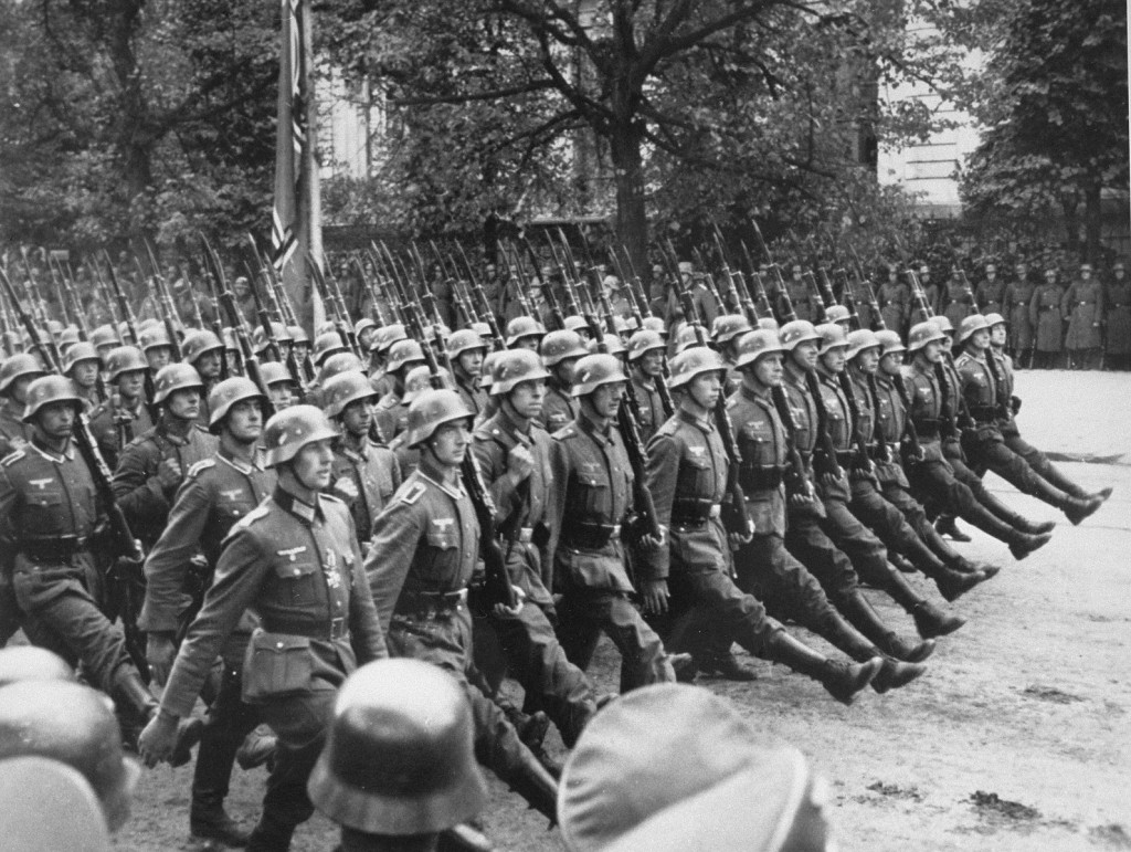 German troops parade through Warsaw after the invasion of Poland.