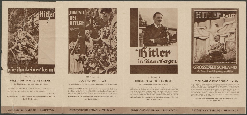 Sepia-toned brochure showing the covers of four books about Hitler and descriptions in German beneath them.