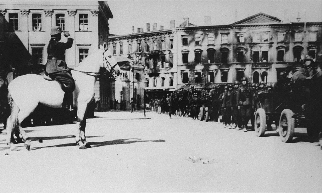 German soldiers parade in Pilsudski Square. Warsaw, Poland, October 4, 1939.
