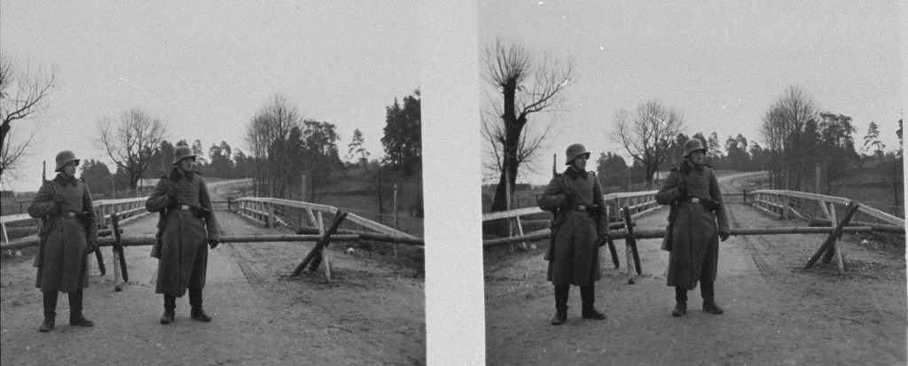 Two German sentries stand guard at Augustow on the demarcation line between Soviet- and German-occupied Poland.