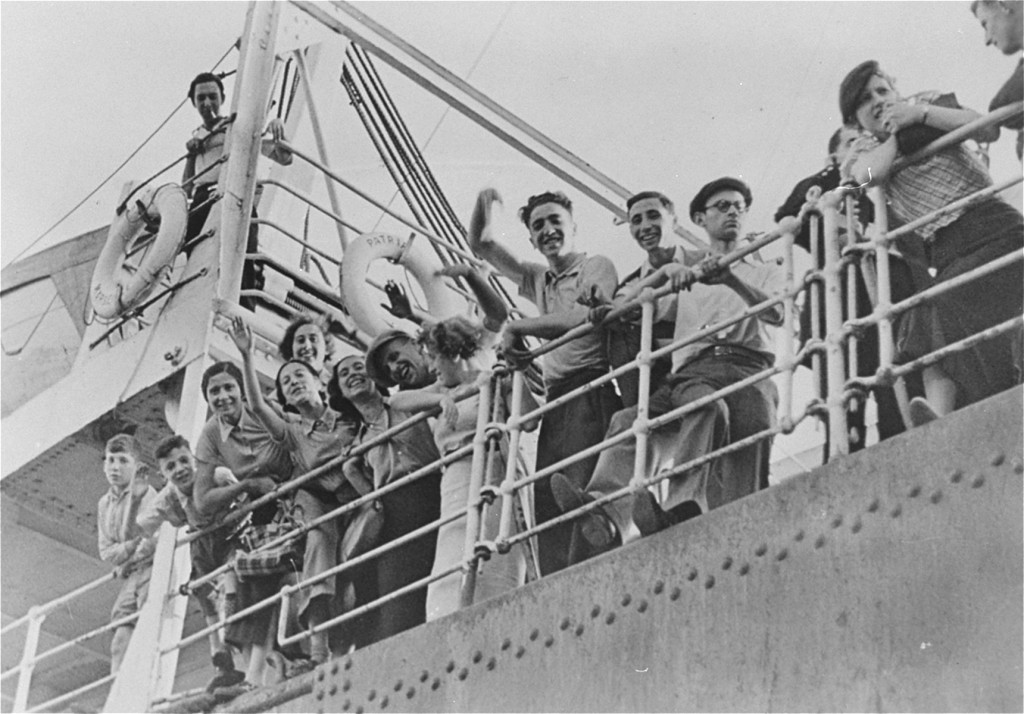 Jewish refugee youth sail for Palestine from an Italian port on the Aliyah Bet ("illegal" immigration) ship "Parita." [LCID: 86614]