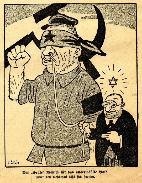 Antisemitic cartoon showing a Jew leading a Soviet official by a leash