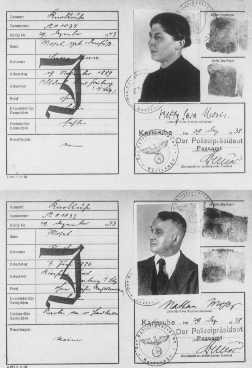Passports issued to a German Jewish couple, with "J" for "Jude" stamped on the cards. [LCID: 03098]