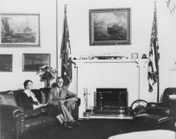 President Franklin Roosevelt sits with Eleanor Roosevelt in his study in the White House. [LCID: 02881]