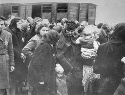 A large group of men, women, and children crowd together. Most are wearing heavy coats with Star of David patches on their lapels. A train car can be seen in the background.