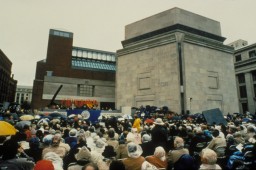 A large crowd fills Eisenhower Plaza during the dedication ceremony of the United States Holocaust Memorial Museum. [LCID: n0627023]