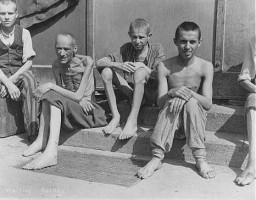  Emaciated survivors soon after liberation. Dachau, Germany, after April 29, 1945. [LCID: 0486]