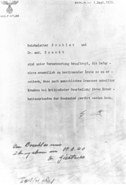 Adolf Hitler's authorization for the Euthanasia Program (Operation T4), signed in October 1939 but dated September 1, 1939. [LCID: 67072]