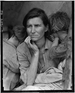 This photograph, taken by Dorothea Lange, shows Florence Owens Thompson and her children in February or March of 1936 in Nipomo, California. Lange recounted later, "...There she sat in that lean-to tent with her children huddled around her, and seemed to know that my pictures might help her, and so she helped me. There was a sort of equality about it." 