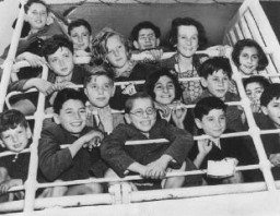 A group of Jewish refugee children on board a Portuguese ship. The US Committee for the Care of European Children and the Hebrew Immigrant Aid Society arranged for the children to reach the United States. New York, United States, September 24, 1941.