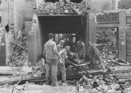 Concentration camp prisoners, many from satellite camps of Neuengamme, remove corpses of German civilians after Allied bombings of ... [LCID: 79113]