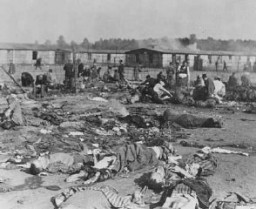 Soon after liberation, camp survivors eat near scattered corpses. Bergen-Belsen, Germany, after April 15, 1945.