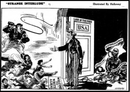 Cartoon depicting the United States' response to the refugee crisis in Europe, as well as the racism and discrimination African Americans faced at home. The Pittsburgh Courier, April 16, 1938. Page 10.
Domestic concerns in the United States, including unemployment and national security, combined with prevalent antisemitism and racism, shaped America's immigration policies, responses to Nazism, and willingness to aid European Jews.