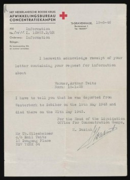 Letter from the Red Cross notifying the Teitz family of Werner’s deportation and subsequent death in 1943