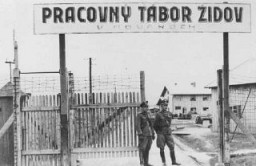 <p>Entrance to the Novaky labor camp in Slovakia, 1942–44.</p>