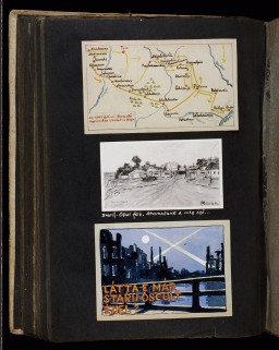Black photo album page with a hand drawn annotated map at the top of the page and a color drawing at the bottom. The middle drawing is in grayscale. There are notes written in white pencil.
