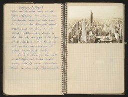 Hans Vogel and his family fled Paris following the German invasion. They eventually received papers allowing them to immigrate to the United States. During this time, Hans kept a diary that contains postcards, hand-drawn maps, and other illustrations of their flight. This page describes arriving in New York. 
Hans was born in Cologne, Germany on December 3, 1926. The family left Germany in 1936, settling in Paris. They remained there until the outbreak of World War II. Hans's father, Simon, was interned by the French as an enemy alien at Lisieux, and later Gurs. When invading German forces reached Paris, the Vogel family fled south. Upon Simon's release from Gurs, the family reunited and settled in Oloron-Sainte-Marie, in the unoccupied zone of France, near the Spanish border. They remained there from June 1940 until April 1941, when they received papers from the United States Consulate allowing them to immigrate. They arrived in New York via Lisbon on the steamer Nyassa in August 1941. Sadly, Hans Vogel died at the age of 15 from an illness in 1943.