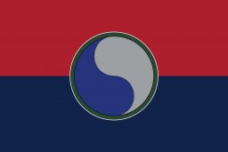 A digital representation of the United States 29th Infantry Division's flag. 
The US 29th Infantry Division (the "Blue and Gray" division) was established in 1917 and fought in World War I. During World War II, they were involved in D-Day, as well as the liberation of Dinslaken civilian labor camp. The 29th Infantry Division was recognized as a liberating unit in 1995 by the United States Army Center of Military History and the United States Holocaust Memorial Museum (USHMM). 
 