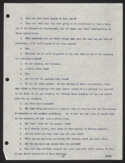 A page from the transcript of the testimony given by Rudolf Höss at the International Military Tribunal at Nuremberg. At the trial, Höss testified about the gassing of Jews of Auschwitz, where he was commandant. He responded in German and communicated through a translator. Testimony dated April 2, 1946.    