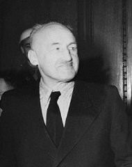 Defendant Julius Streicher, editor of the racist newspaper Der Stuermer. Streicher was one of the MT brought 24 leading German officials charged by the International Military Tribunal at Nuremberg.