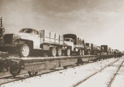 A trainload of American trucks bound for the First Polish Corps of the Red Army. This shipment was part of the Lend-lease program.