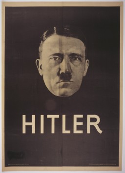 Poster with a dark background. A sepia tone cutout of Hitler’s head sits in the center with ‘Hitler’ underneath in a sans serif font.