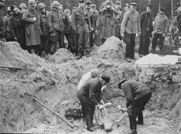 US troops with the 82nd Airborne Division look on as Germans are forced to exhume corpses from a mass grave. Wöbbelin, Germany, May 6, 1945.