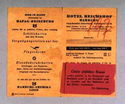 Folleto de 1939 del Hotel Reichshof en Hamburgo, Alemania. La etiqueta roja informaba a los huéspedes judíos del hotel que no les estaban permitido entrar en el restaurante, bar o salas de recepción del hotel. La dirección del hotel obligaba a los huéspedes judíos a comer en sus cuartos. Siguiendo las Leyes de Nuremberg de 1935, los judíos eran sistemáticamente excluidos de los lugares públicos en Alemania.