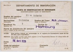 Cuban immigration papers issued to Ella Schatz, who had obtained passage aboard the Orinoco.
On May 27, 1939, the Orinoco left Hamburg with 200 passengers bound for Cuba. Informed by radio of the difficulties other ships carrying refugees were facing in Havana, the captain of the Orinoco diverted the ship to waters just off Cherbourg, France, where it remained for days. The 200 refugees ultimately returned to Germany in June 1939. Their fate remains unknown.