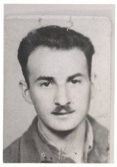 Aron in Budapest, 1945, while en route from Poland to Italy with Brihah, moving to Palestine. In Aron's words: "We got connected with the Brihah in Poland, got directions to go to Bratislava and on to Budapest. On our trip, we didn't know where we going from city to city, only our final destination." July 5, 1945, Budapest, Hungary.