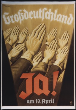 Illustrated sepia-toned propaganda poster. A bright light shines from the bottom of the poster highlighting multiple hands with white skin tone raised in Nazi salutes. There is German text at the top in white and at the bottom in red and gray.
