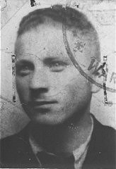 False identification card photo of Benjamin Miedzyrzecki (Benjamin Meed) as a member of the Warsaw ghetto underground. Warsaw, Poland, 1943.