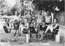 Group portrait of Jewish friends at a swimming pool in Kalocsa, Hungary, 1930.