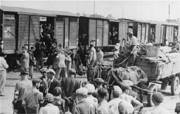 Jews from the Lodz ghetto are loaded onto freight trains for deportation to the Chelmno killing center. Lodz, Poland, 1942–44.