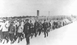 Returning from work in a stone quarry, forced laborers carry stones more than six miles to the Buchenwald concentration camp. Germany, date uncertain.