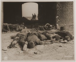 Burned bodies of former prisoners of Rottleberode, a subcamp of Dora-Mittelbau, lie near the entrance to a barn that had been set ... [LCID: 66162]