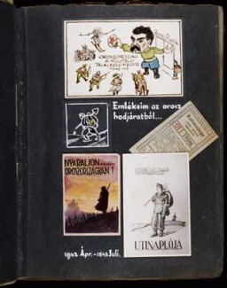 Collage entitled: "Mementos from the Russian campaign," which includes a watercolor of Stalin with the caption: 'Russia a meeting place for foreigners 1942-43' (top); a commuter train ticket issued to military personnel who carried the special SAS [Hurry, Immediate, Urgent] draft notice (middle, right); a pseudo travel brochure cover entitled 'Spend your summer vacation in merry Russia' (bottom, left); and the original design for the cover of the labor company's journal entitled 'Hungarian Royal 109/13 Labor Company Travel Journal' (bottom, right). [Photograph #57943]