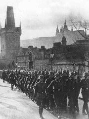 German occupation troops march through the streets of Prague. Czechoslovakia, March 15, 1939.