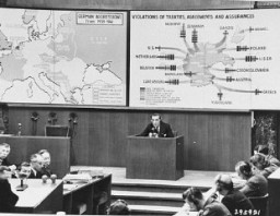 Theodor von Hornbostel testifies for the prosecution during the Ministries Trial. Hornbostel served as the chief of the Political Department in the Austrian Ministry for Foreign Affairs under Chancellors Dollfuss and Schuschnigg, 1933-1938.  Under Nazi rule he spent the years 1938 through 1943 in Dachau and Buchenwald. Nuremberg, Germany, January 8, 1948.