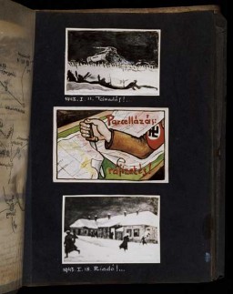 (Top and bottom) The image at the top shows Hungarian soldiers abandoning their trenches on the front lines as a Soviet tank overruns the barbed wire fortification separating the two armies. The drawing at the bottom captioned "Alarm," shows Hungarian soldiers running back and forth sounding the alarm of the Soviet counteroffensive. The drawings are dated Jan 11 and 13, 1943. [Photograph #58103]
