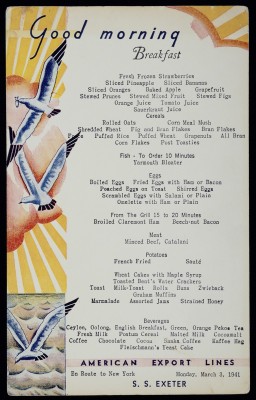 This breakfast menu comes from the SS Exeter, an American ocean liner. The ship carried the Shadurs, a Jewish refugee family, to the United States in February-March 1941. The Shadurs were among the many Jewish refugees who journeyed on the SS Exeter from Lisbon, Portugal, to New York during World War II. Joseph Shadur was twelve years old at the time. He marveled at the ship’s bountiful meals, especially in light of the hunger his family had faced on their journey to the port of Lisbon. 
The course of World War II altered international travel to and from Europe. Luxury ocean liners once used for tourism became an unexpected means of escape for those fleeing the Nazis. Routes also changed as the war progressed. In 1940, Lisbon, the capital city of neutral Portugal, became one of the few possible escape routes out of Europe. Tens of thousands of Jewish refugees made their way to the city, where they often struggled to secure visas and passages on ships. Ticket prices skyrocketed. Refugees often turned to Jewish aid organizations for help affording steamship travel. 