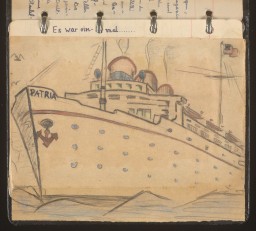 Drawing of the SS Patria, part of the illustrated diary of Egon Weiss which he compiled during and immediately after his detention in the Atlit internment camp.