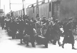 Foreign Jews arrested in Paris at the Austerlitz train station before deportation to the French-administered internment camps Pithiviers and Beaune-la-Rolande in the Loire region. Paris, France, ca. May 1941.