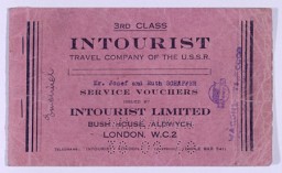 Voucher for travel on the Trans-Siberian Railroad purchased at the "Intourist Travel Company of the USSR" in England for Joseph and Ruth Schaffer. Thousands of Jewish refugees fled Nazi Europe on the Trans-Siberian Railroad through the Soviet Union to Japan with the help of Japanese visas provided by Japanese diplomat Chiune Sugihara. [From the USHMM special exhibition Flight and Rescue.]