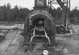 The remains of a crematorium at the Bergen-Belsen concentration camp. This photograph was taken after the liberation of the camp in 1945. Bergen-Belsen, Germany, date uncertain.