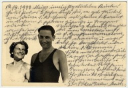 Photograph showing Kurt, Helene Reik's son, and his wife, while on vacation in April/May 1938 in Kupari, Croatia.
After her deportation to the Theresienstadt ghetto in Czechoslovakia, Helene yearned to record what was happening to her. This photograph was sent to Helene, who used it as paper for her diary in Theresienstadt. Helene’s makeshift diary offers wistful memories of her husband and parents who died before the war, loving thoughts of her family who had left Europe in 1939, and a firsthand account of the illness and hospitalization that ultimately led to her death.
Because resources were scarce in the Theresienstadt ghetto, Helene recorded her thoughts, recollections, and diary entries in the margins and on the backs of family pictures that she had brought with her, as well as postcards and letters she received while in the ghetto.