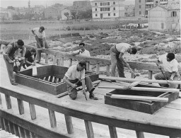 Jewish youth at the "HaRishona" (The First) Zionist training center construct a fishing boat. [LCID: 36011]